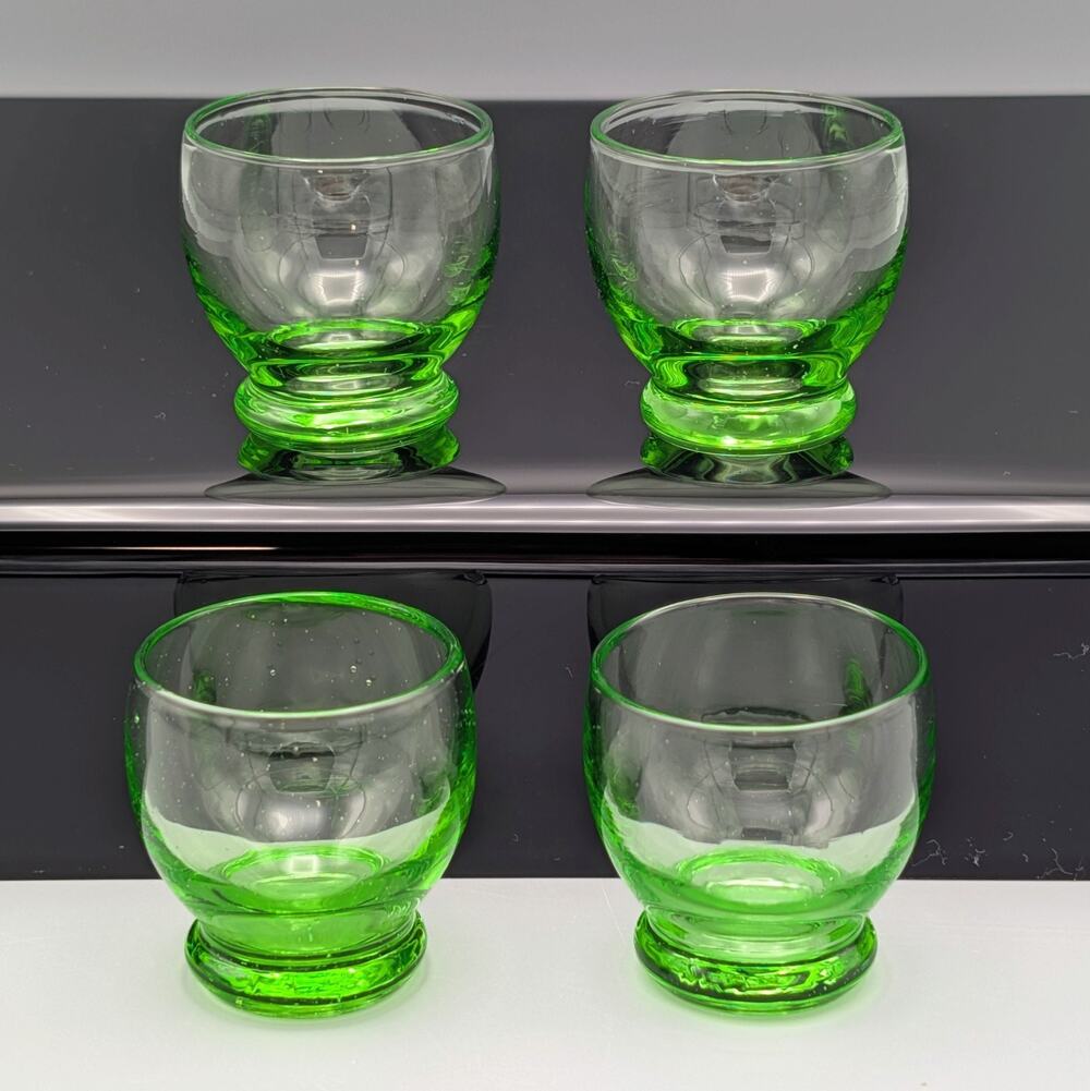 Set of 4 Vintage Green Glass Footed Shot Glasses / Cordials